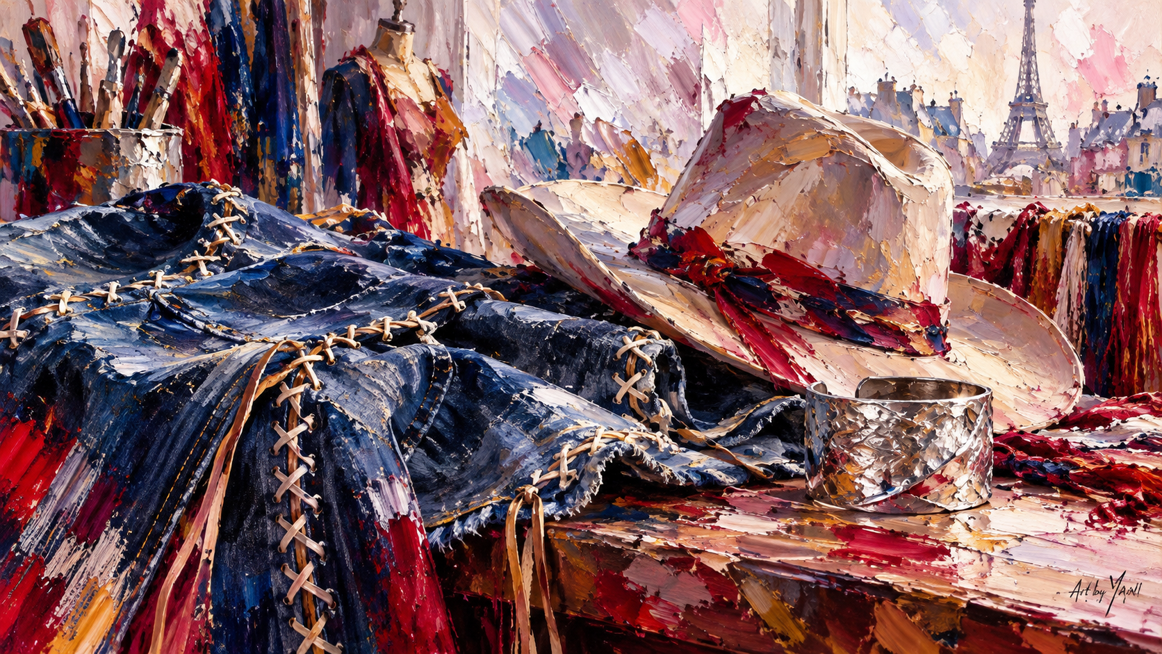Painterly still life of reconstructed lace-up denim, a cowboy hat, and a silver cuff bracelet with the Eiffel Tower in the background. Art by YAAI.