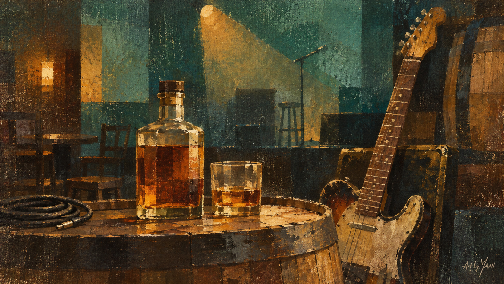 Painterly still life of a bourbon glass, vinyl records, and a guitar in warm bar light. Art by YAAI.